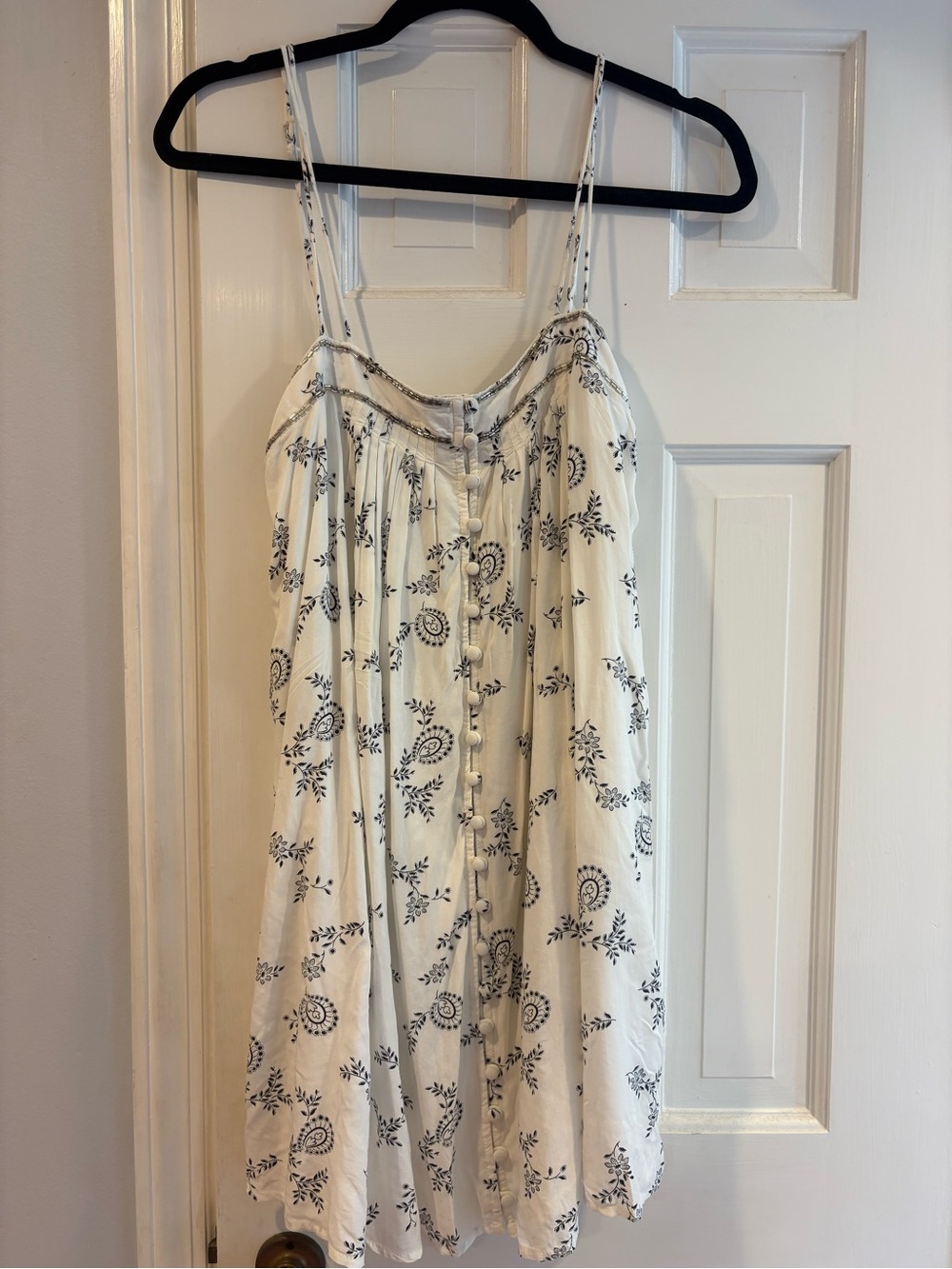 Abercrombie & Fitch White Dress with Navy Floral Print and Beaded Trim